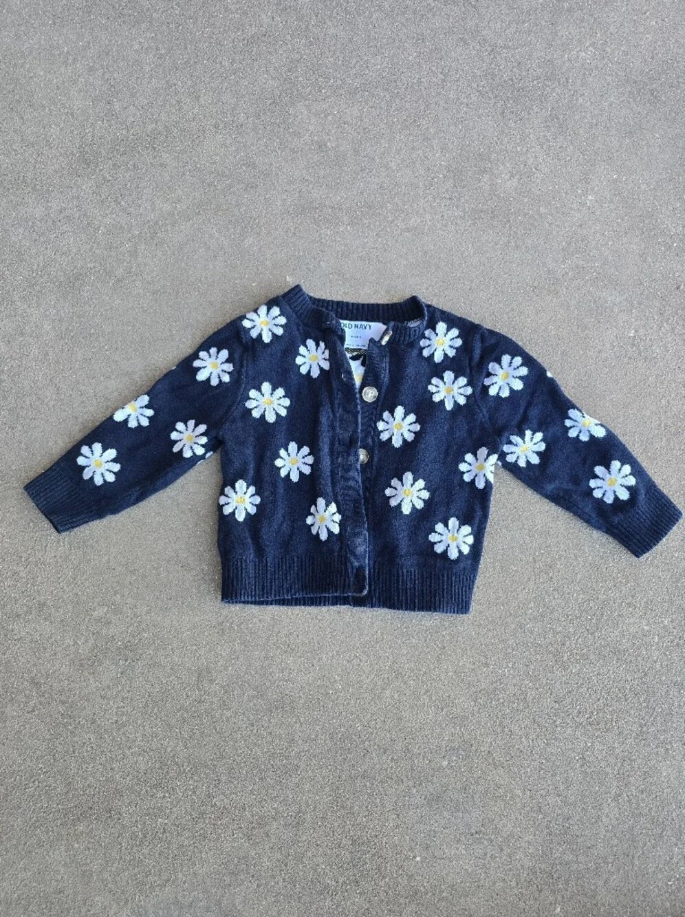 Old Navy Girl's Navy Daisy Knit Cardigan with White & Yellow Flower Accents